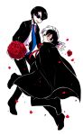  2boys black_coat black_hair black_jack_(character) black_jack_(series) blue_necktie bouquet coat collared_shirt expressionless falling_petals flower formal full_body holding holding_bouquet ichichou leg_up looking_at_another male_focus multicolored_hair multiple_boys neck_ribbon necktie patchwork_skin petals red_eyes red_flower red_ribbon red_rose ribbon rock_(character) rose rose_petals shirt short_hair simple_background smile split-color_hair star_system suit sunglasses trench_coat two-tone_hair white_background white_hair white_shirt 