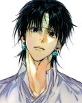  1boy bandage_on_face bandages black_hair chrollo_lucilfer closed_mouth earrings highres hmupss hunter_x_hunter jewelry looking_at_viewer male_focus shirt short_hair solo white_background white_shirt 