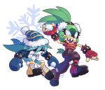  1boy 1girl blue_gloves evan_stanley fingerless_gloves gloves hat highres holding_snowball kitsunami_the_fennec open_mouth red_gloves sharp_teeth shoes signature simple_background snowflakes sonic_(series) surge_the_tenrec teeth watermark white_background 