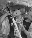  1boy bug butterfly greyscale hat hime_cut holding holding_sword holding_weapon japanese_clothes jigokuraku kataginu katana monochrome open_mouth rice_hat salat3991 short_hair solo sword weapon yamada_asaemon_fuchi 