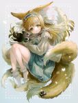  1girl absurdres animal_ear_fluff animal_ears ankle_socks arknights black_cat blonde_hair blue_hairband blue_skirt bobby_socks cardigan cat closed_mouth commentary_request crossover fox_ears fox_girl fox_tail frilled_hairband frills green_eyes grey_background hair_ornament hair_scrunchie hairband heixiu high-waist_skirt highres kitsune kyuubi long_hair long_sleeves looking_at_viewer luo_xiaohei luo_xiaohei_zhanji multicolored_hair multiple_tails neck_ribbon no_shoes official_alternate_costume open_cardigan open_clothes partial_commentary puffy_long_sleeves puffy_sleeves red_ribbon ribbon scrunchie shirt skirt socks stitches suzuran_(arknights) suzuran_(spring_praise)_(arknights) syukonbu tail two-tone_hair white_hair white_shirt white_socks yellow_cardigan 