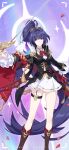  1girl bare_legs belt black_hair black_sleeves boots breasts brown_footwear chinese_commentary falling_petals high_ponytail highres holding holding_sword holding_weapon honkai_(series) honkai_impact_3rd large_breasts long_hair looking_at_viewer official_alternate_costume official_art official_wallpaper petals raiden_mei raiden_mei_(herrscher_of_thunder) shirt smile solo standing sword thigh_strap thighs very_long_hair weapon white_shirt 