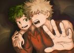  2boys :d alternate_costume arm_around_shoulder bakugou_katsuki bare_arms bare_shoulders blonde_hair blurry bnahzub boku_no_hero_academia bracelet brown_background casual chromatic_aberration commentary_request curly_hair depth_of_field drawstring film_grain foreshortening freckles from_side furrowed_brow green_eyes green_hair green_pupils hand_up hands_up happy highres hood hood_down hoodie jewelry leaning_forward light long_sleeves looking_at_viewer looking_to_the_side male_focus midoriya_izuku multiple_boys necklace open_hand open_mouth orange_hoodie orange_tank_top outstretched_arm outstretched_hand pendant reaching_towards_viewer red_eyes ring_necklace round_teeth sanpaku shadow short_hair sideways_glance sleeveless smile spiky_hair tank_top teeth upper_body v-shaped_eyebrows 