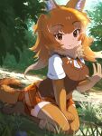  1girl :3 animal_ears blush brown_eyes brown_fur brown_gloves brown_skirt brown_thighhighs brown_vest dhole_(kemono_friends)_(old_design) dog_ears dog_girl dog_tail elbow_gloves fur_collar gloves highres kemono_friends koutsuu_(koutuukanseikan) looking_at_viewer plaid plaid_skirt pleated_skirt seiza shirt short_sleeves sitting skirt solo t-shirt tail thigh-highs vest waving white_shirt zettai_ryouiki 