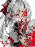  1girl bow commentary_request fire flaming_eye fujiwara_no_mokou grey_bow grey_hair grey_shirt hair_bow highres holding kae_de_(k_momiji1537) long_hair looking_at_viewer ofuda parted_lips ponytail red_bow red_eyes shirt simple_background smile solo touhou twitter_username two-tone_bow upper_body white_background 