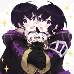  2boys 2girls :d absurdres ahoge black_gloves black_hair chibi chibi_inset father_and_daughter fire_emblem fire_emblem_awakening fire_emblem_heroes gloves highres hood jacket long_sleeves looking_at_viewer misato_hao morgan_(female)_(fire_emblem) morgan_(fire_emblem) morgan_(male)_(fire_emblem) mother_and_son multiple_boys multiple_girls open_mouth robin_(female)_(fire_emblem) robin_(fire_emblem) robin_(male)_(fire_emblem) short_hair signature smile violet_eyes 