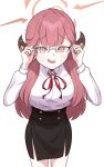  1girl absurdres aru_(blue_archive) bigmt_kid black_skirt blue_archive blush collared_shirt demon_horns glasses halo highres horns long_hair neck_ribbon pencil_skirt red_eyes red_ribbon redhead ribbon shirt shirt_tucked_in skirt solo wavy_mouth white_shirt 