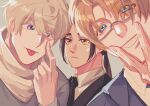  3boys absurdres akanbe america_(hetalia) axis_powers_hetalia black_hair black_necktie blonde_hair china_(hetalia) cucciolomax2022 formal glasses highres long_hair low_ponytail multiple_boys necktie russia_(hetalia) scarf short_hair suit tongue tongue_out 