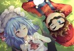  1boy 1girl ;) ascot bat_wings blue_eyes blue_hair blue_overalls brown_hair commentary english_commentary facial_hair gloves highres looking_at_another lying mario mustache on_back one_eye_closed outdoors overalls pointy_ears red_ascot red_eyes redhead remilia_scarlet ruu_(ruigi12) shirt short_hair smile super_mario_bros. touhou white_gloves white_headwear white_shirt wings 