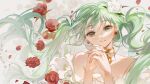  1girl bare_shoulders dot_nose earrings flower green_eyes green_hair hair_flower hair_ornament hair_spread_out hatsune_miku highres interlocked_fingers jewelry long_hair looking_at_viewer own_hands_clasped own_hands_together parted_lips red_flower red_rose rose rumoon solo strapless twintails vocaloid white_flower white_rose 