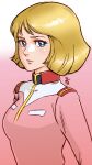  1girl absurdres aobito_sukoyaka_bystander blonde_hair blue_eyes breasts closed_mouth collarbone commentary gundam highres lips looking_at_viewer military military_uniform mobile_suit_gundam sayla_mass short_hair solo uniform 