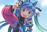  1girl ahoge animal_ears animal_hood aqua_hair blue_eyes blue_hair blue_sky clouds cloudy_sky commentary day drawstring haniwa_(leaf_garden) heterochromia highres hood hood_down hooded_coat horse_ears horse_girl long_hair long_sleeves looking_at_viewer messy_hair multicolored_coat multicolored_hair open_mouth outdoors pointing pointing_at_self rabbit_hood sharp_teeth sidelocks sky smile solo stuffed_animal stuffed_rabbit stuffed_toy teeth thumbs_up twin_turbo_(umamusume) twintails two-tone_hair umamusume violet_eyes 