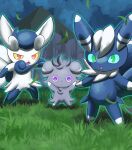  :o absurdres closed_mouth commentary_request espurr evolutionary_line falling_leaves fangs glowing grass highres jira_(ziraiya26) leaf meowstic meowstic_(female) meowstic_(male) mountain night no_humans open_mouth outdoors pokemon pokemon_(creature) sky standing 