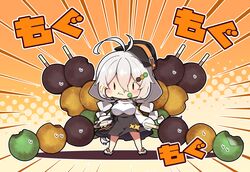  1girl antenna_hair black_headwear black_skirt blush breasts closed_mouth dango eating emphasis_lines food food-themed_hair_ornament food_on_face full_body grey_hair hair_between_eyes hair_ornament hat highres holding holding_food kizuna_akari large_breasts long_hair long_sleeves milkpanda motion_lines shirt shoes skirt solo standing voiceroid wagashi white_footwear white_shirt 