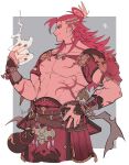  1boy b_exjo2 belt blonde_hair closed_mouth fire gourd granblue_fantasy hand_on_own_hip long_hair looking_at_viewer male_focus multicolored_hair muscular muscular_male nail_polish red_eyes redhead smile solo wilnas_(granblue_fantasy) 