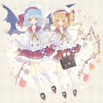  2girls alternate_costume argyle argyle_background bag bat_wings black_footwear black_wings blonde_hair blue_hair closed_mouth collarbone doily flandre_scarlet flower frilled_skirt frills full_body hair_between_eyes hat highres holding holding_bag kneehighs long_hair long_sleeves mob_cap multiple_girls nikorashi-ka pink_flower pleated_skirt red_eyes red_sailor_collar red_skirt remilia_scarlet sailor_collar shoes short_hair siblings side_ponytail sisters skirt socks touhou white_flower white_headwear white_socks wings 