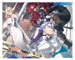  2boys 3girls armor bangle blonde_hair blue_hair boots bracelet breasts character_request copyright_request cover cover_page fingerless_gloves fur_scarf gloves holding holding_sword holding_weapon jewelry knight large_breasts light_blue_hair long_hair magic multiple_boys multiple_girls noy pointy_ears redhead shoes short_hair small_breasts sword thigh-highs weapon white_thighhighs 