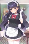  1girl alternate_costume apron arm_behind_back black_dress black_hair blue_eyes blunt_bangs blush bow closed_mouth delicious_party_precure dress elbow_gloves enmaided frilled_dress frills gloves hand_in_own_hair highres kasai_amane long_hair looking_to_the_side maid maid_apron maid_headdress meshiya_(naruga-501-kuaru) precure red_bow solo sweat thigh-highs waist_apron waist_bow white_apron white_bow white_gloves white_thighhighs zettai_ryouiki 