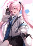  +_+ 1girl black_skirt blue_archive blue_necktie coat darudana fang fingerless_gloves gloves halo highres jacket koyuki_(blue_archive) long_hair necktie one_eye_closed pink_eyes pink_hair skirt thigh-highs twintails white_coat white_jacket white_thighhighs 