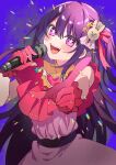  1girl belt dress eyelashes fang fangs gloves hair_between_eyes hair_ornament hair_ribbon hands_up heart heart_print highres holding holding_microphone hoshino_ai_(oshi_no_ko) idol long_hair looking_at_viewer microphone music one_side_up open_mouth oshi_no_ko pink_dress pink_gloves pink_ribbon pointing pointing_at_viewer purple_background purple_belt purple_hair rabbit_hair_ornament ribbon short_sleeves simple_background singing solo standing star_(symbol) star_hair_ornament star_in_eye sweat sweatdrop symbol_in_eye teeth tongue turtleneck turtleneck_dress v-shaped_eyebrows violet_eyes 