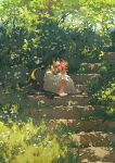  1girl barefoot blue_eyes blush closed_mouth dappled_sunlight day dress flower full_body grass grey_hair highres knees_up long_hair looking_up object_hug original outdoors potg_(piotegu) sitting solo stairs sunlight tree very_long_hair white_dress 
