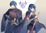  1boy 1girl armor ass black_cape black_gloves black_pants black_shirt black_skirt blue_eyes blue_hair breasts byleth_(female)_(fire_emblem) byleth_(fire_emblem) byleth_(male)_(fire_emblem) cape closed_mouth cowboy_shot dual_persona fire_emblem fire_emblem:_three_houses gloves grey_background grey_jacket hair_between_eyes highres holding holding_sword holding_weapon jacket knife kyounatsuuu lace lace_legwear looking_at_viewer medium_breasts medium_hair miniskirt pants pantyhose shirt short_hair shoulder_armor skirt strapless strapless_shirt sword vambraces weapon 
