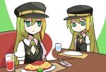  alina_gray black_headwear black_necktie black_vest blonde_hair brooch closed_mouth collar cross_tie cup detached_collar drinking_glass food gem green_eyes green_gemstone green_hair hair_between_eyes hat jewelry long_hair looking_down magia_record:_mahou_shoujo_madoka_magica_gaiden magical_girl mahou_shoujo_madoka_magica mo_(bnh8401) multicolored_hair necktie omelet omurice peaked_cap puffy_short_sleeves puffy_sleeves short_sleeves sidelocks sitting straight_hair streaked_hair table upper_body v-neck vest white_collar white_sleeves 