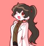  1girl ;d bear_hair_ornament black_shorts brown_eyes brown_hair carmen_(project_moon) collared_shirt commentary cowboy_shot doha_(lob_dh) green_shirt hair_ornament korean_commentary lab_coat lobotomy_corporation long_hair long_sleeves one_eye_closed open_mouth pink_background ponytail project_moon shirt shorts simple_background smile solo 