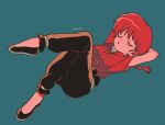 1girl arms_behind_head artist_name black_footwear blue_background blush braid braided_ponytail breasts closed_eyes highres menma_(enaic31) open_mouth ranma-chan ranma_1/2 redhead simple_background solo twitter_username 