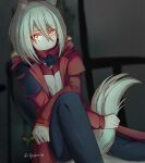  1girl animal_ears arknights between_legs black_pants grey_hair grey_shirt hair_between_eyes highres holding jacket knee_up long_sleeves looking_at_viewer mask mask_around_neck open_clothes open_jacket pants projekt_red_(arknights) rayond red_jacket shirt sitting solo tail tail_between_legs wolf_ears wolf_girl wolf_tail yellow_eyes 