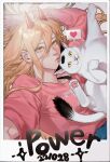  1girl 7hrang animal_hands cat cat_paws chainsaw_man character_name dated heart highres horns korean_commentary long_hair long_sleeves looking_at_viewer meowy_(chainsaw_man) pink_shirt power_(chainsaw_man) puckered_lips selfie shirt 
