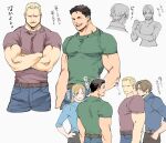  1girl 3boys belt black_hair black_pants blonde_hair blue_pants brown_belt brown_hair chris_redfield closed_eyes crossed_arms facial_hair green_shirt hand_in_pocket jack_krauser jill_valentine large_pectorals leon_s._kennedy long_hair looking_at_another multiple_boys muscular muscular_male open_mouth pants pectorals ponytail red_shirt resident_evil resident_evil_4 resident_evil_4_(remake) resident_evil_5 shirt short_hair smile tatsumi_(psmhbpiuczn) translation_request 