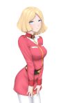  1girl blonde_hair blue_eyes breasts collarbone gundam highres kyounami lips looking_at_viewer military military_uniform mobile_suit_gundam sayla_mass short_hair simple_background solo uniform white_background 