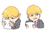  1boy black_eyes blonde_hair collared_shirt commentary cropped_torso english_commentary formal grey_jacket holding holding_paper jacket koafreedraw long_sleeves looking_at_viewer male_focus mob_psycho_100 necktie open_mouth paper purple_necktie reigen_arataka shirt short_hair simple_background suit upper_body white_background 