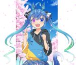  1girl :d ahoge animal_ears aqua_hair black_ribbon blue_eyes blue_hair blue_skirt blue_sky blurry blurry_background casual cherry_blossoms clouds cloudy_sky day depth_of_field drawstring drill_hair hair_ribbon haniwa_(leaf_garden) heterochromia highres hood hood_down hoodie horse_ears horse_girl horse_tail long_hair long_sleeves looking_at_viewer messy_hair multicolored_clothes multicolored_hair multicolored_hoodie open_mouth outdoors plaid plaid_skirt pleated_skirt ribbon sharp_teeth sidelocks skirt sky smile solo standing tail teeth tree twin_turbo_(umamusume) twintails two-tone_hair umamusume v violet_eyes 