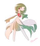  1girl artist_name bob_cut colored_skin commentary_request fang flat_chest full_body ganga_(ganga_lub) gardevoir green_hair green_skin hair_over_one_eye happy highres legs legs_apart light_particles multicolored_skin one_eye_covered open_mouth outstretched_arms partial_commentary pokemon pokemon_(creature) red_eyes short_hair signature simple_background smile solo standing two-tone_skin white_background white_skin 
