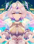 1girl ahoge bare_shoulders blue_hair blush bob_cut bodysuit breasts closed_mouth clothing_cutout commentary_request dlllll_lllllb fire_emblem fire_emblem_heroes gem grey_bodysuit grey_hair hair_between_eyes highres looking_at_viewer medium_breasts multicolored_hair purple_hair seidr_(fire_emblem) shawl short_hair shoulder_cutout signature skindentation smile solo yellow_eyes 