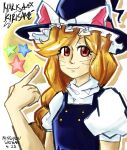  blonde_hair full_moon hat highres kirisame_marisa moon ningyousaiban pointing puffy_sleeves red_eyes signature smile star_(symbol) touhou unfinished_dream_of_all_living_ghost witch_hat 