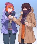  2girls beanie black_gloves blue_eyes blush brown_hair coat coffee_cup commentary covered_mouth cup disposable_cup embarrassed english_commentary feguimel freckles full-face_blush gloves hat highres long_coat miranda_(feguimel) mittens multiple_girls orange_hair original pants parka photoshop_(medium) purple_scarf red_scarf scarf short_hair sue_(feguimel) sweater winter winter_clothes winter_coat yuri 