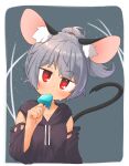  1girl absurdres alternate_costume alternate_hairstyle animal_ear_fluff animal_ears black_hoodie black_sleeves blush border breasts commentary_request detached_sleeves eating food_in_mouth greenpiecerice grey_hair head_tilt high_ponytail highres hood hood_down hoodie long_sleeves looking_at_viewer medium_bangs mouse_ears mouse_girl mouse_tail nazrin popsicle_in_mouth red_eyes short_hair sleeveless sleeveless_hoodie small_breasts solo tail touhou upper_body white_border wide_sleeves 