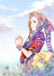  1girl aerith_gainsborough bangle blue_sky blurry blurry_foreground bracelet braid braided_ponytail brown_hair clouds cloudy_sky cropped_jacket dress final_fantasy final_fantasy_vii final_fantasy_vii_remake flower grass green_eyes hair_ribbon highres jacket jewelry lily_(flower) long_hair looking_afar outdoors own_hands_clasped own_hands_together parted_bangs pink_dress pink_ribbon red_jacket ribbon short_sleeves sidelocks single_braid sky smile solo upper_body usapenpen2019 wavy_hair yellow_flower 
