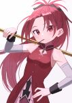  bare_shoulders detached_sleeves dress food_in_mouth hand_on_own_hip highres long_hair magical_girl mahou_shoujo_madoka_magica parted_bangs pocky_in_mouth ponytail red_dress red_eyes redhead sakura_kyouko shimizu_tomoki simple_background soul_gem white_background 