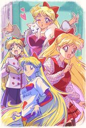  1boy 1girl aino_minako animal_on_shoulder artemis_(sailor_moon) bishoujo_senshi_sailor_moon blonde_hair blue_eyes blush bow breasts cat cat_on_shoulder closed_eyes crescent crescent_facial_mark dress earrings facial_mark forehead_mark fur_coat hair_bow heart jacket jewelry long_hair long_sleeves medium_breasts multiple_views one_eye_closed open_mouth plaid plaid_skirt pointing print_shirt puckered_lips purple_dress red_bow red_skirt red_vest shirt shirt_under_shirt skirt smile star_(symbol) suzuki_(2red_moon3) vest white_cat white_jacket white_shirt 