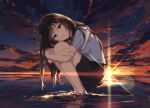  1girl arttsam blue_sky brown_eyes brown_hair clouds gradient_sky highres hugging_own_legs long_hair looking_at_viewer original outdoors parted_lips pleated_skirt scenery shirt shirt_tucked_in skirt sky soaking_feet solo squatting star_(sky) starry_sky sun sunset water white_shirt 