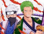  2boys crossover earrings green_hair grey_hair hatake_kakashi holding holding_sword holding_weapon japanese_clothes jewelry looking_at_viewer mask mouth_mask multiple_boys naruto naruto_(series) naruto_shippuuden one_eye_closed one_piece roronoa_zoro sawada-china scar scar_across_eye short_hair smile spiky_hair sword weapon 