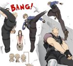  1girl 2boys black_gloves black_pants blonde_hair blue_shirt brown_hair brown_pants bulletproof_vest chibi collared_shirt curtained_hair fingerless_gloves gloves helena_harper holstered jack_krauser kicking knife_holster large_pectorals leon_s._kennedy long_hair multiple_boys multiple_views muscular muscular_male pants pectorals red_shirt resident_evil resident_evil_6 scar scar_on_face scar_on_mouth shirt short_hair tatsumi_(psmhbpiuczn) translation_request 