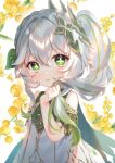  1girl absurdres bare_shoulders blush closed_mouth cross-shaped_pupils dress flower genshin_impact gradient_hair green_eyes green_hair green_sleeves hair_between_eyes hair_flower hair_ornament harushio highres leaf leaf_hair_ornament long_hair looking_at_viewer multicolored_hair nahida_(genshin_impact) pointy_ears sleeveless smile solo symbol-shaped_pupils upper_body white_dress white_hair 