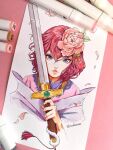  1girl akatsuki_no_yona flower hair_flower hair_ornament holding holding_sword holding_weapon korean_clothes long_sleeves looking_at_viewer medium_hair peony_(flower) petals pink_eyes pink_flower redhead sword tassel toshiasan traditional_media weapon yona_(akatsuki_no_yona) 