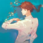  1boy ask_(askzy) blurry blurry_background branch brown_eyes brown_hair cherry_blossoms haikyuu!! hair_between_eyes long_sleeves looking_at_viewer looking_back male_focus oikawa_tooru_(haikyuu!!) shadow shirt short_hair smile solo standing upper_body white_shirt 