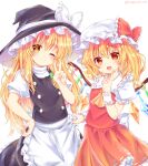  2girls :d ;) ascot blonde_hair blush clothes_grab cowboy_shot fang flandre_scarlet flat_chest frilled_shirt_collar frills hand_on_own_hip hand_up hat highres index_finger_raised kirisame_marisa long_hair looking_at_viewer medium_hair mob_cap multiple_girls one_eye_closed one_side_up puffy_short_sleeves puffy_sleeves ramudia_(lamyun) red_eyes red_skirt red_vest short_sleeves simple_background skin_fang skirt skirt_set smile touhou turtleneck v very_long_hair vest white_background witch_hat yellow_ascot yellow_eyes 